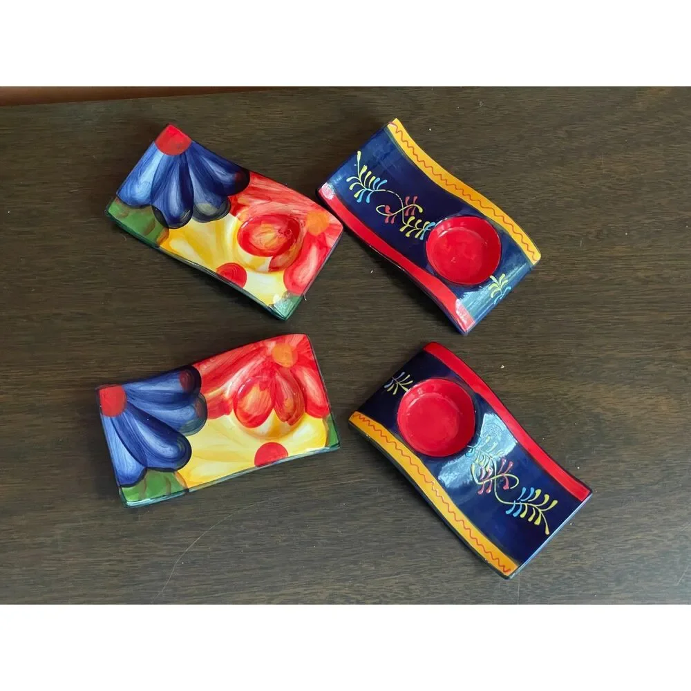 Whimsical Hand Painted Ceramic Candle Holders Floral Folk Art Colorful Decor 4